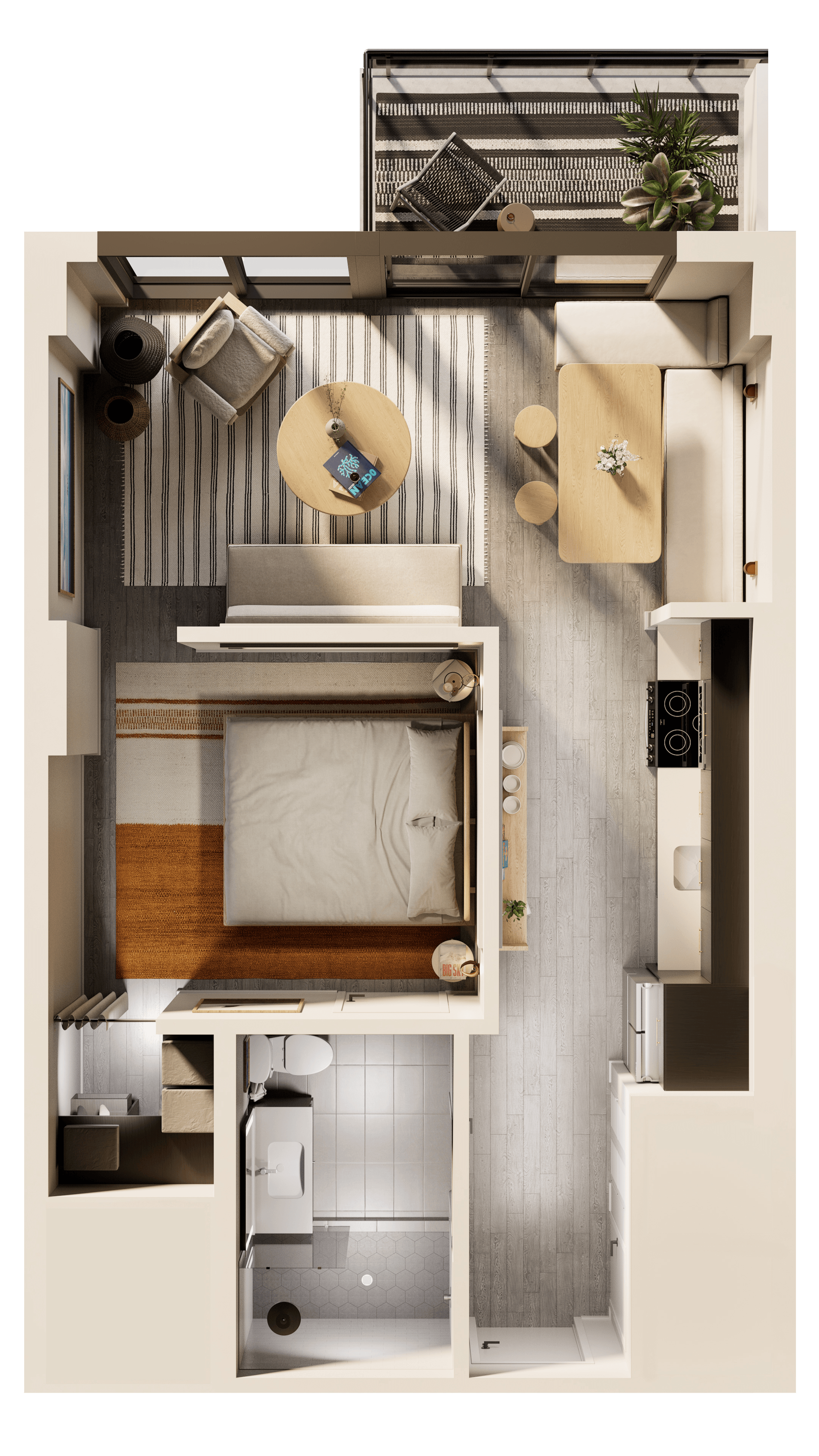 Floor plan for 1 bed, 1 bath, 644 sqft